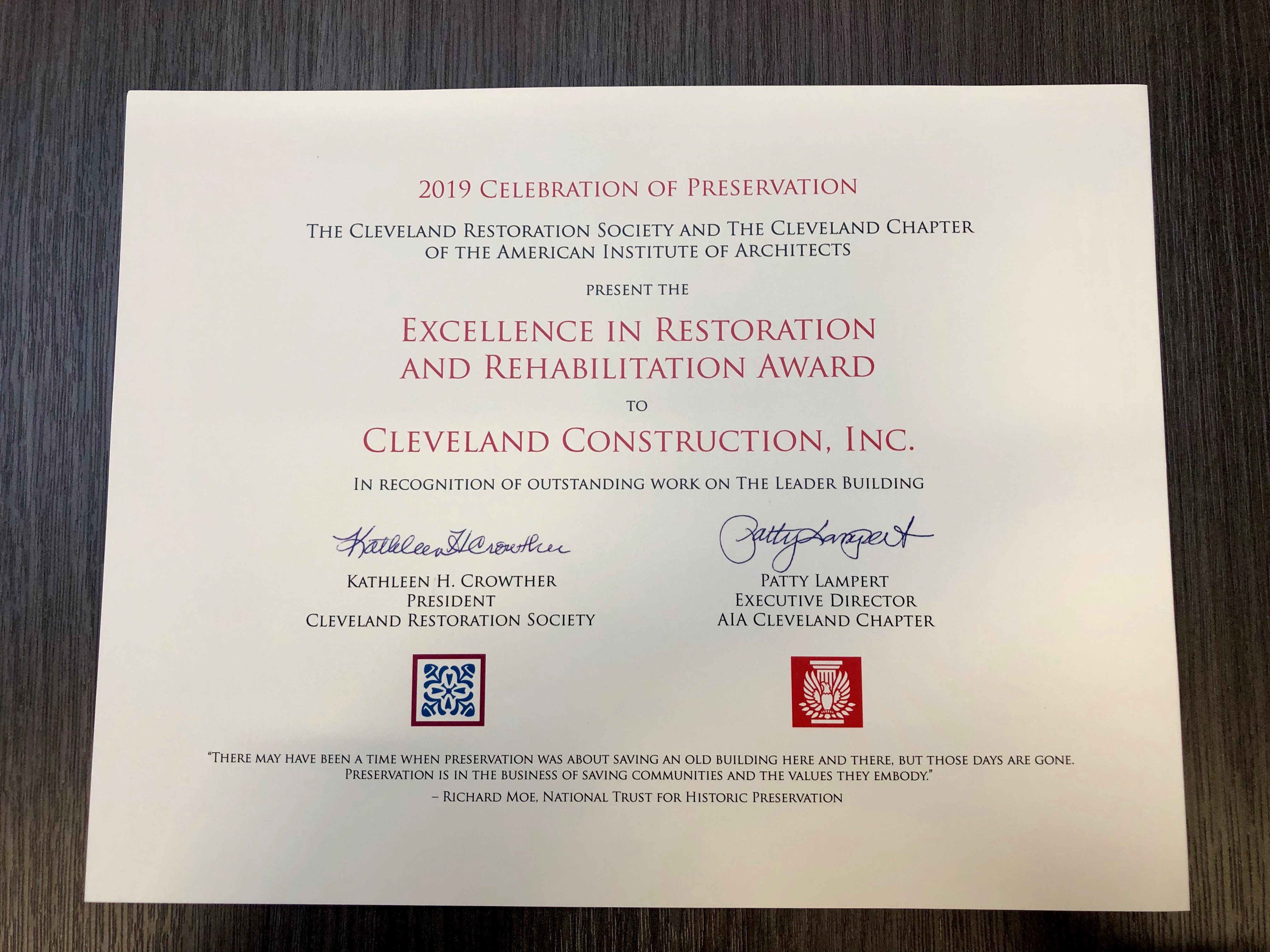Cleveland Construction Receives Excellence in Restoration and Rehabilitation Award